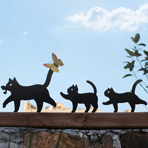 3Pcs Cat & Kitten Garden Silhouette Set with Butterfly – Metal Fence Decor