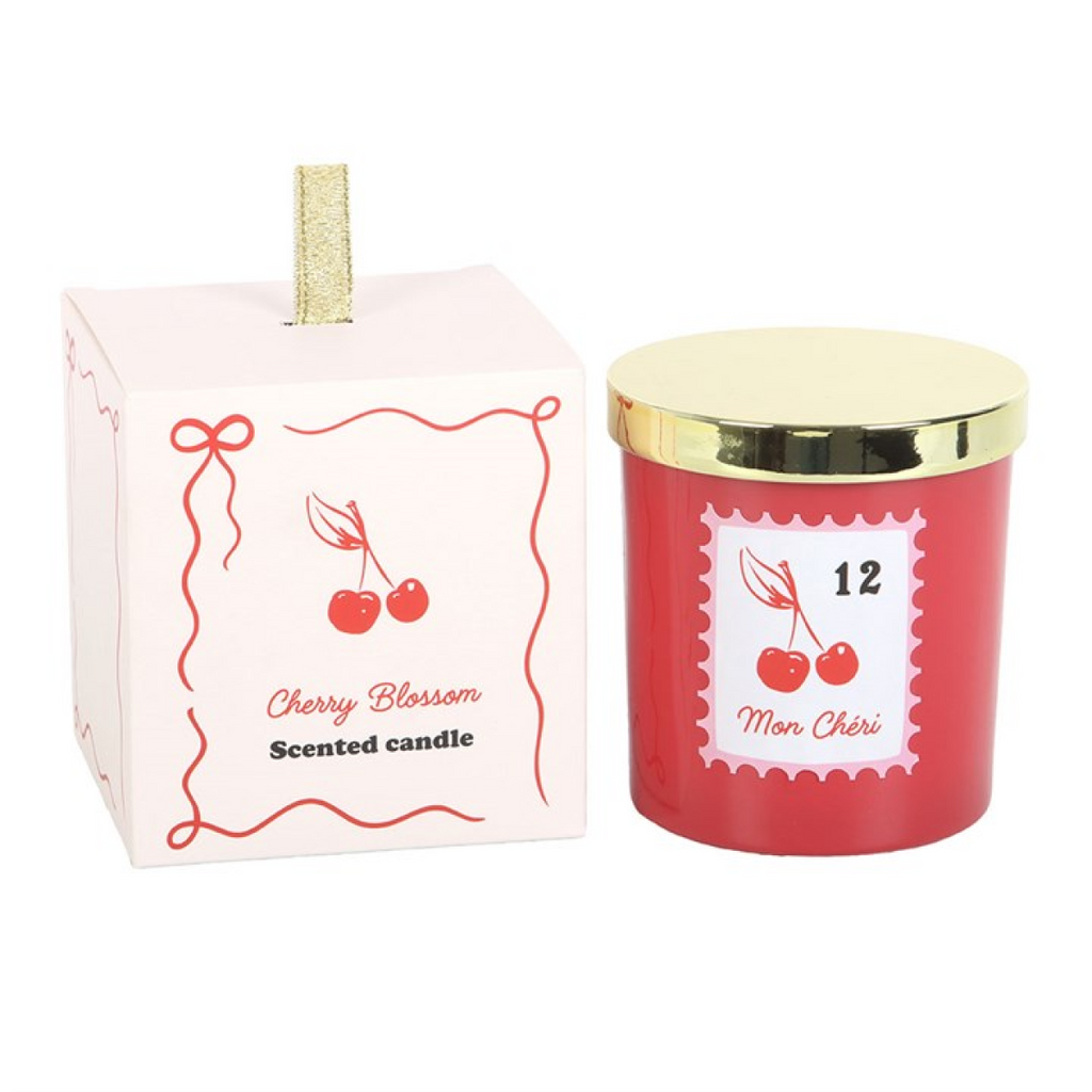 Mon Chéri Cherry Blossom Scented Candle in Red Glass Jar – Romantic Gift