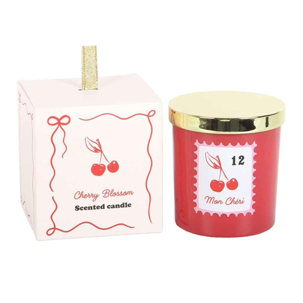 Mon Chéri Cherry Blossom Scented Candle in Red Glass Jar – Romantic Gift