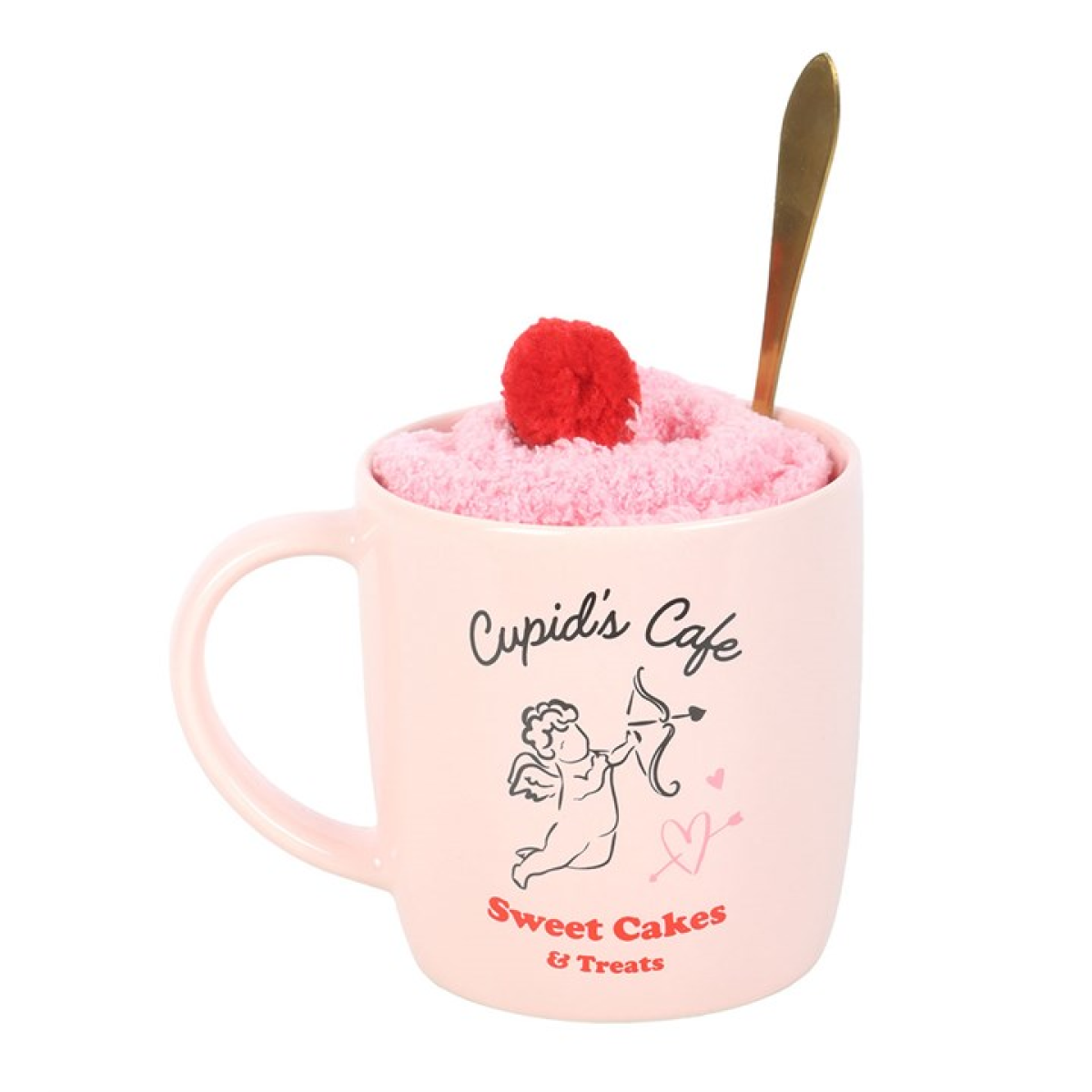 Cupid’s Café Valentine Mug Gift Set with Spoon & Snuggly Socks – 350ml Pink Mug