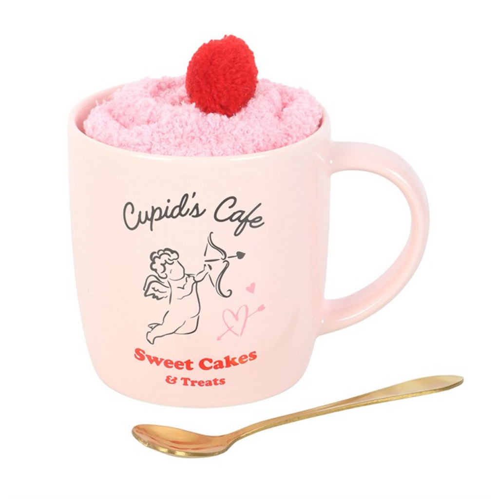 Cupid’s Café Valentine Mug Gift Set with Spoon & Snuggly Socks – 350ml Pink Mug