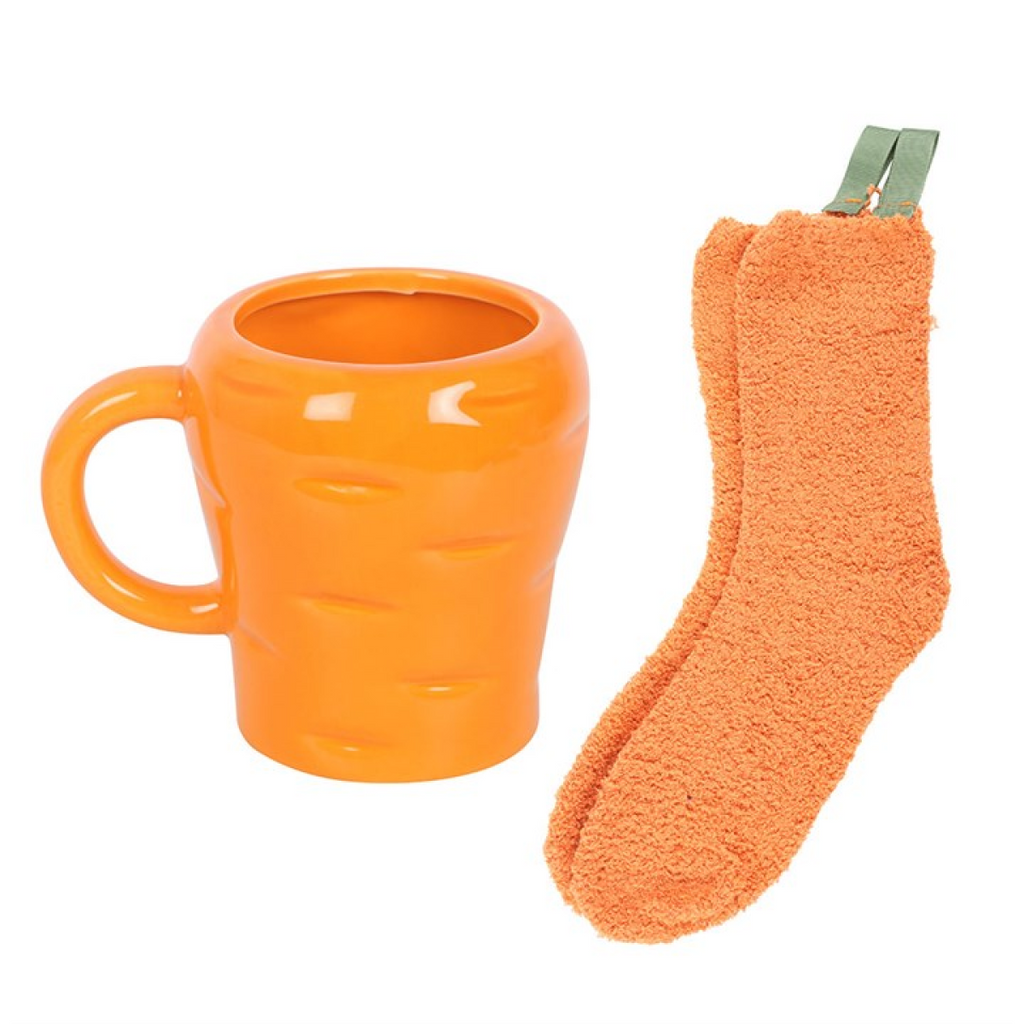 Carrot Shaped Mug & Fluffy Socks Gift Set – Fun Gardener Present