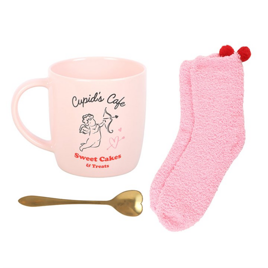 Cupid’s Café Valentine Mug Gift Set with Spoon & Snuggly Socks – 350ml Pink Mug