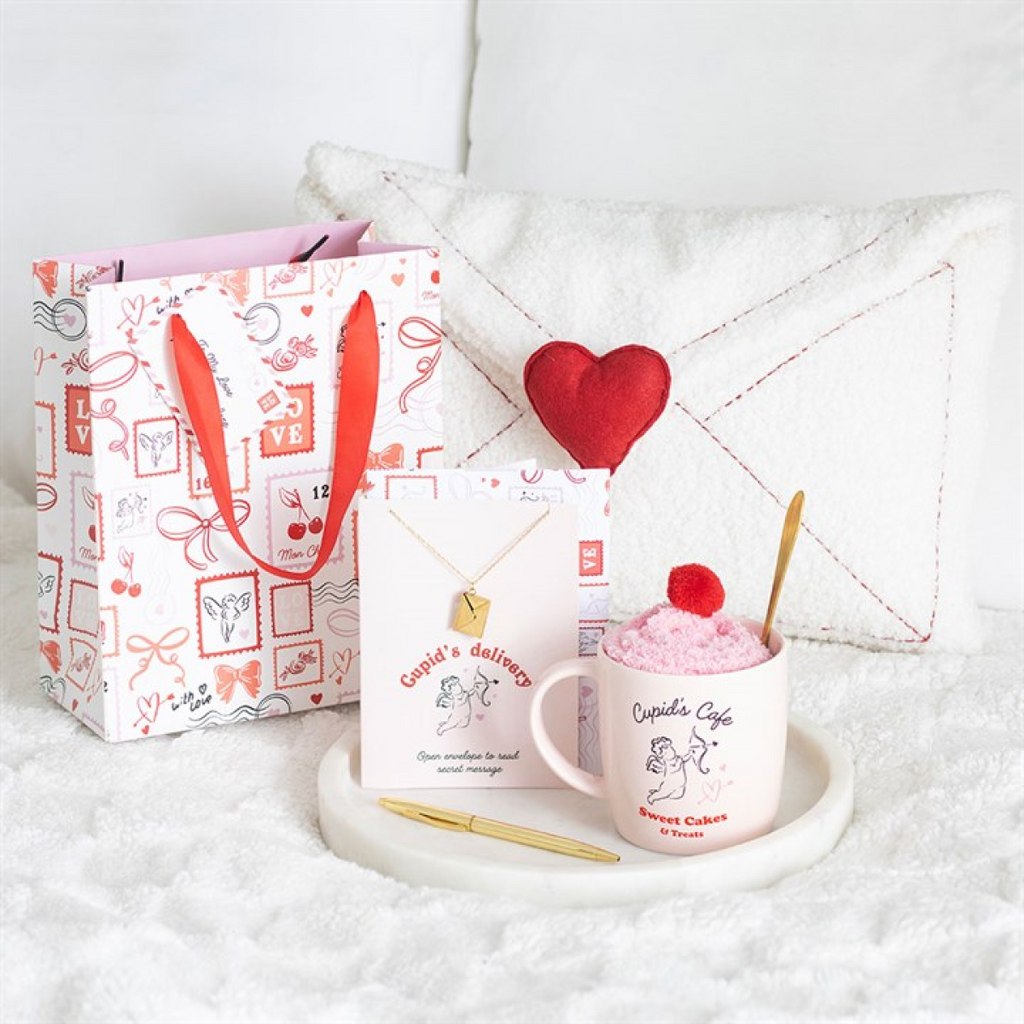 Cupid’s Café Valentine Mug Gift Set with Spoon & Snuggly Socks – 350ml Pink Mug