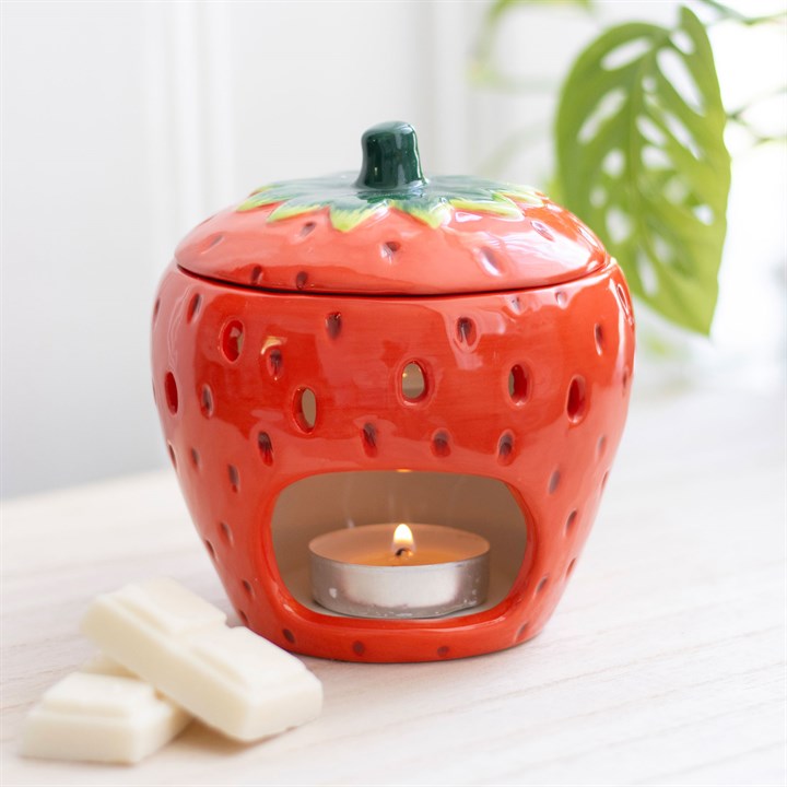 Red Strawberry Ceramic Oil Burner with Lid – Novelty Tealight Fragrance Warmer