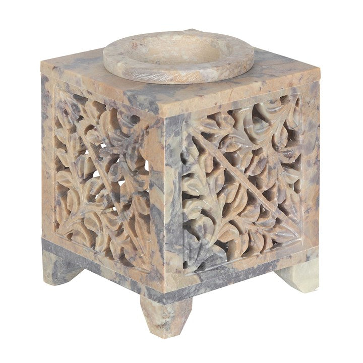 Soapstone Oil Burner & Wax Melt Warmer with Leaf Cutouts and Moroccan Arch