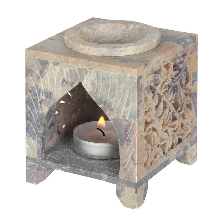 Soapstone Oil Burner & Wax Melt Warmer with Leaf Cutouts and Moroccan Arch