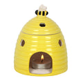 Yellow Beehive Ceramic Oil Burner with Bee Lid and Honeycomb Cutout Aroma Design