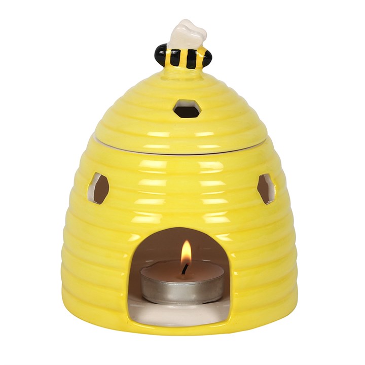 Yellow Beehive Ceramic Oil Burner with Bee Lid and Honeycomb Cutout Aroma Design