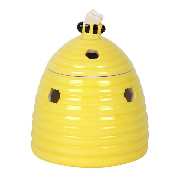 Yellow Beehive Ceramic Oil Burner with Bee Lid and Honeycomb Cutout Aroma Design