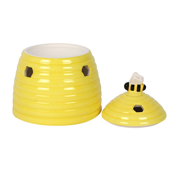 Yellow Beehive Ceramic Oil Burner with Bee Lid and Honeycomb Cutout Aroma Design