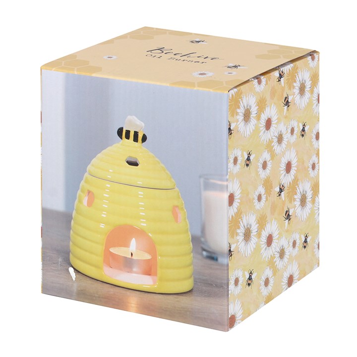 Yellow Beehive Ceramic Oil Burner with Bee Lid and Honeycomb Cutout Aroma Design