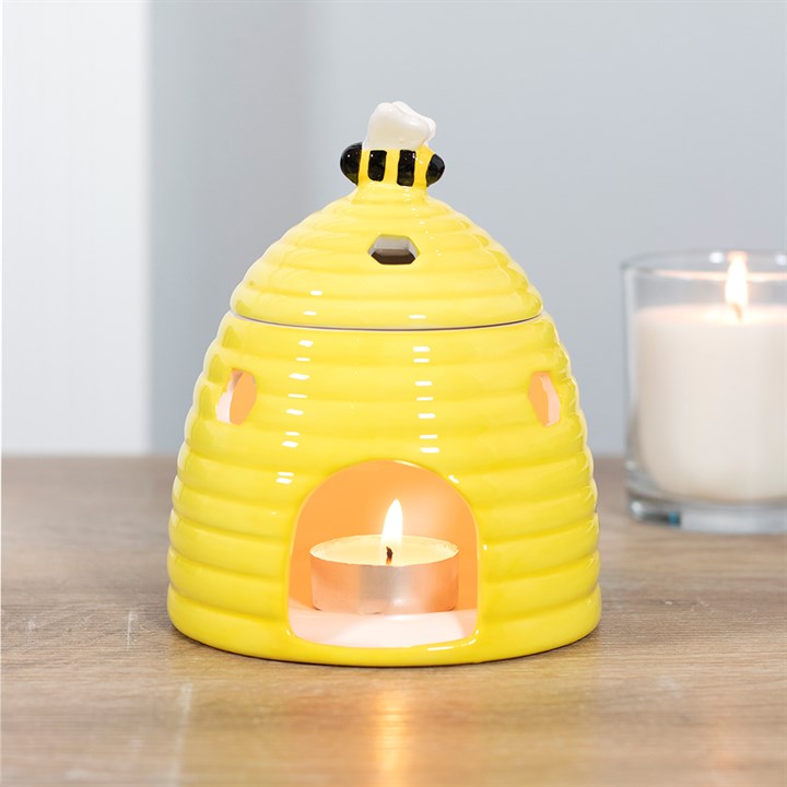 Yellow Beehive Ceramic Oil Burner with Bee Lid and Honeycomb Cutout Aroma Design