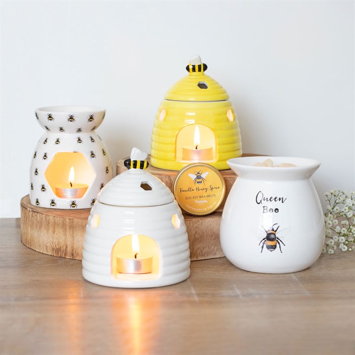 Yellow Beehive Ceramic Oil Burner with Bee Lid and Honeycomb Cutout Aroma Design