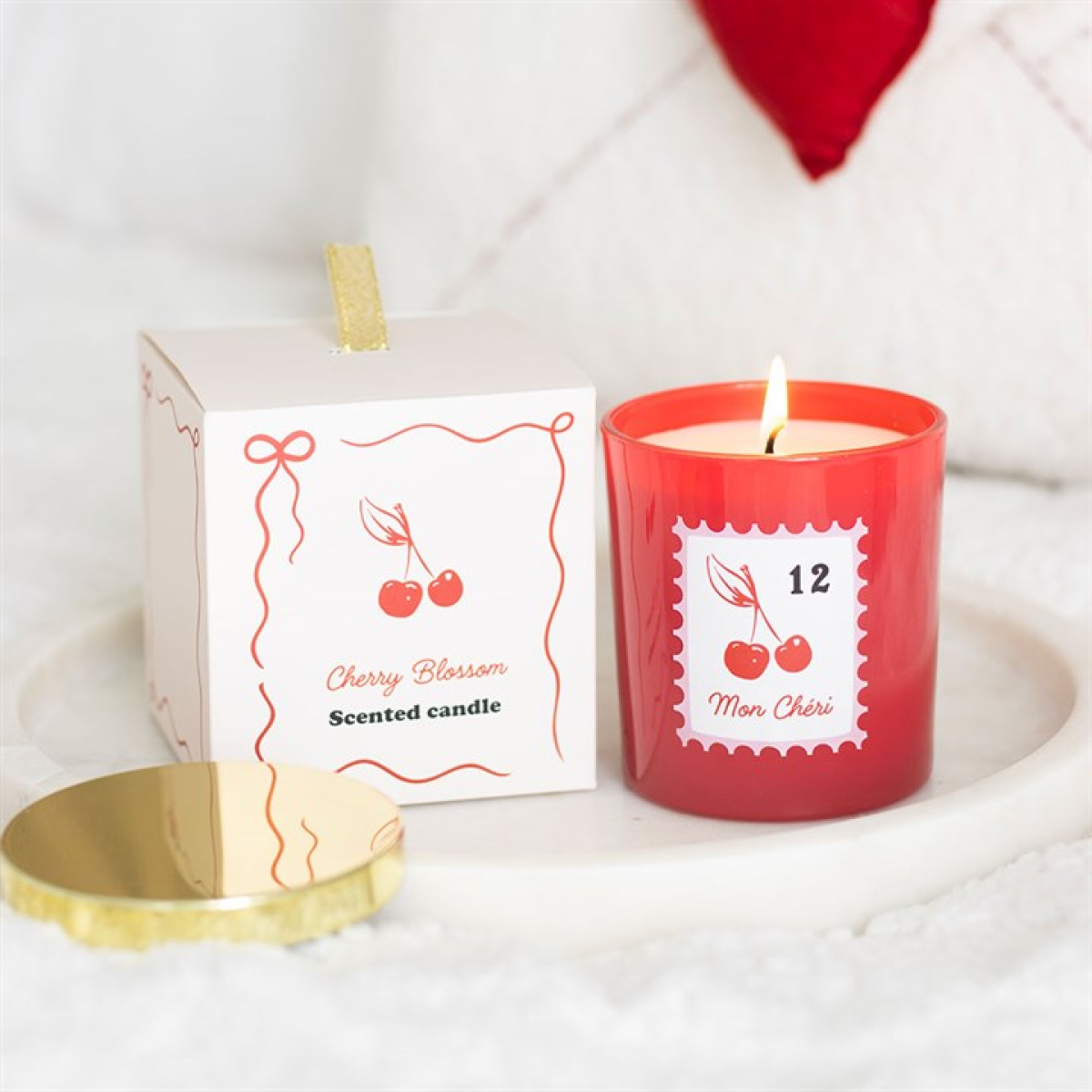 Mon Chéri Cherry Blossom Scented Candle in Red Glass Jar – Romantic Gift