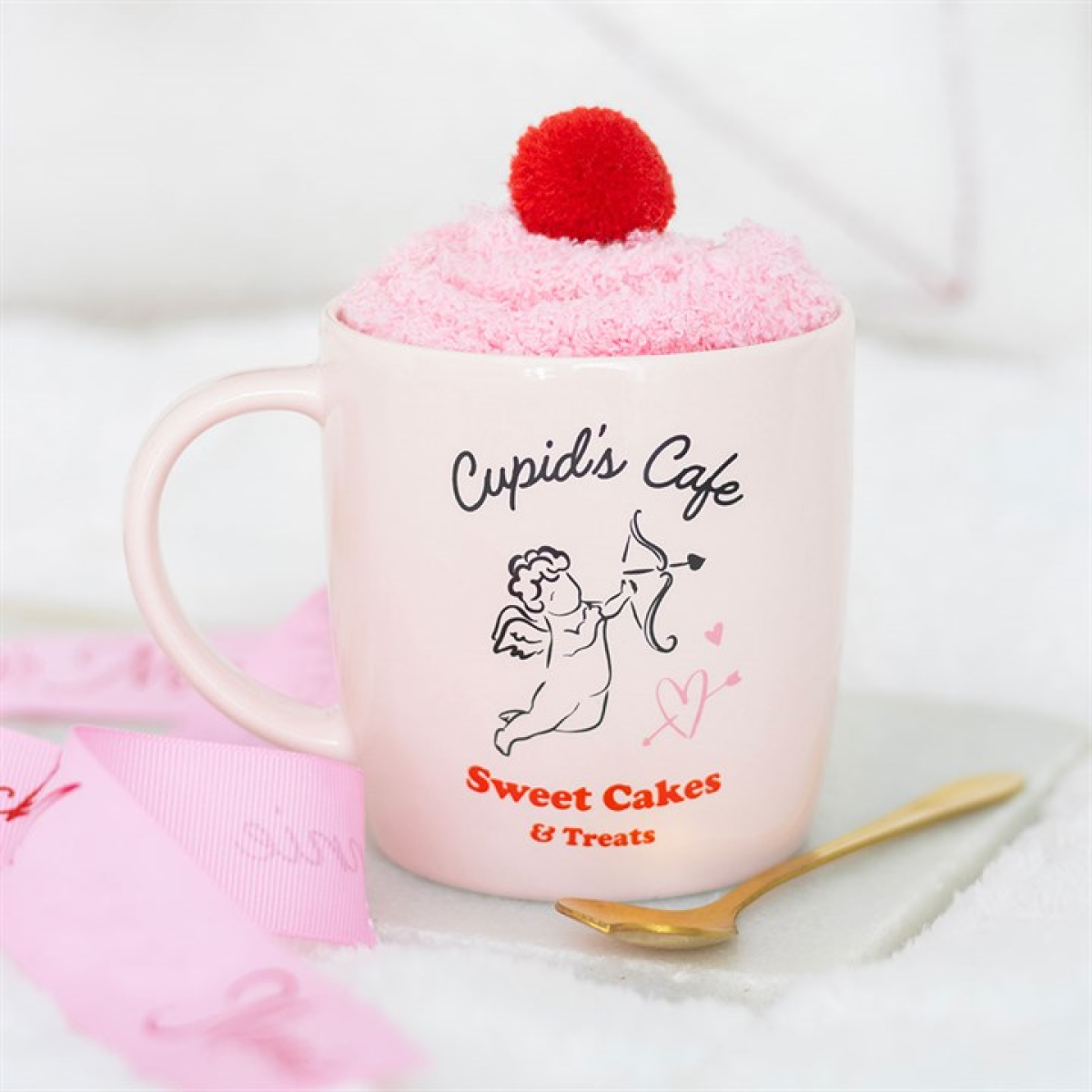 Cupid’s Café Valentine Mug Gift Set with Spoon & Snuggly Socks – 350ml Pink Mug